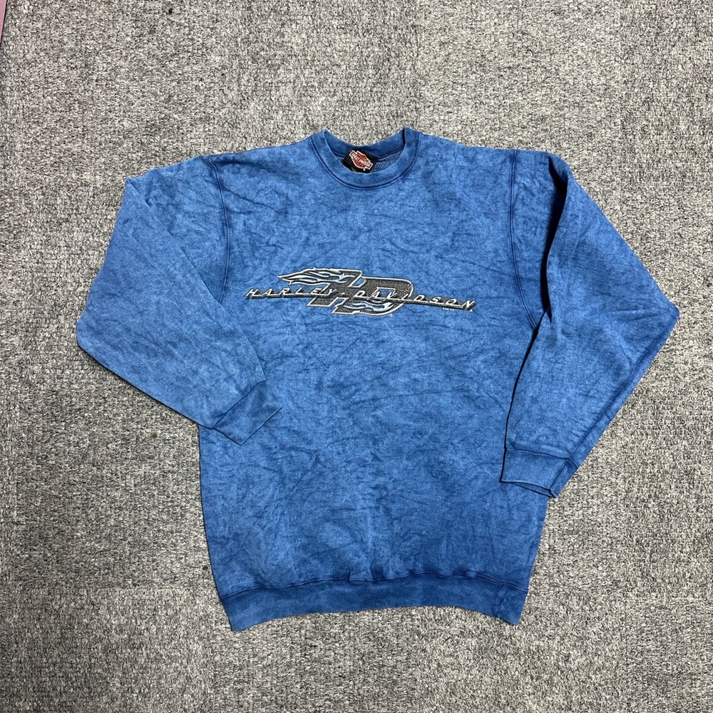 Vintage y2k Harley Davidson Crewneck Sweatshirt Acid Wash Blue Size Medium